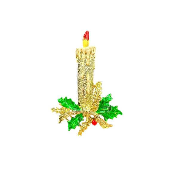 Vintage Gold Tone Candle Holly Christmas Brooch Holiday Jewelry Accessory - Picture 3 of 9